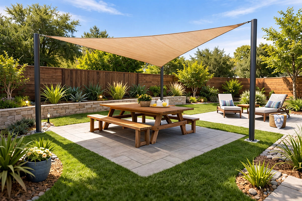 Custom 3-post triangular shade sail installed over a backyard patio dining area, demonstrating a permanent shade solution planned before summer heat.