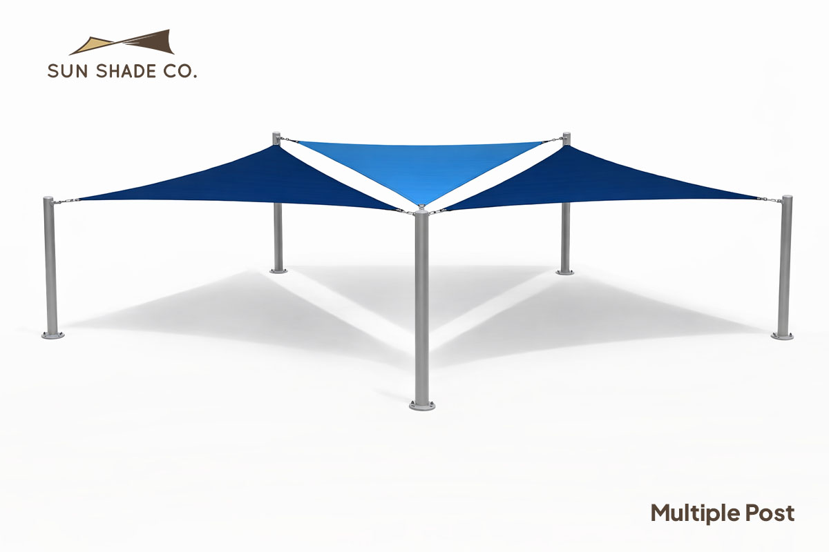 Custom triangular shade sail installed over a backyard patio dining area, demonstrating a permanent shade solution planned before summer heat.
