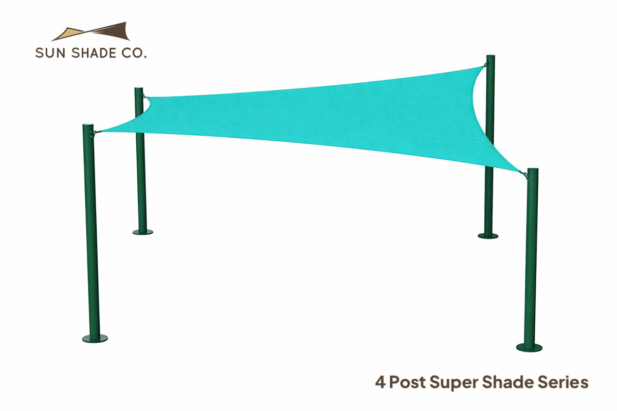 Modern 4-post shade sail with steel posts, showcasing a customizable outdoor shade solution ready for warm weather.
