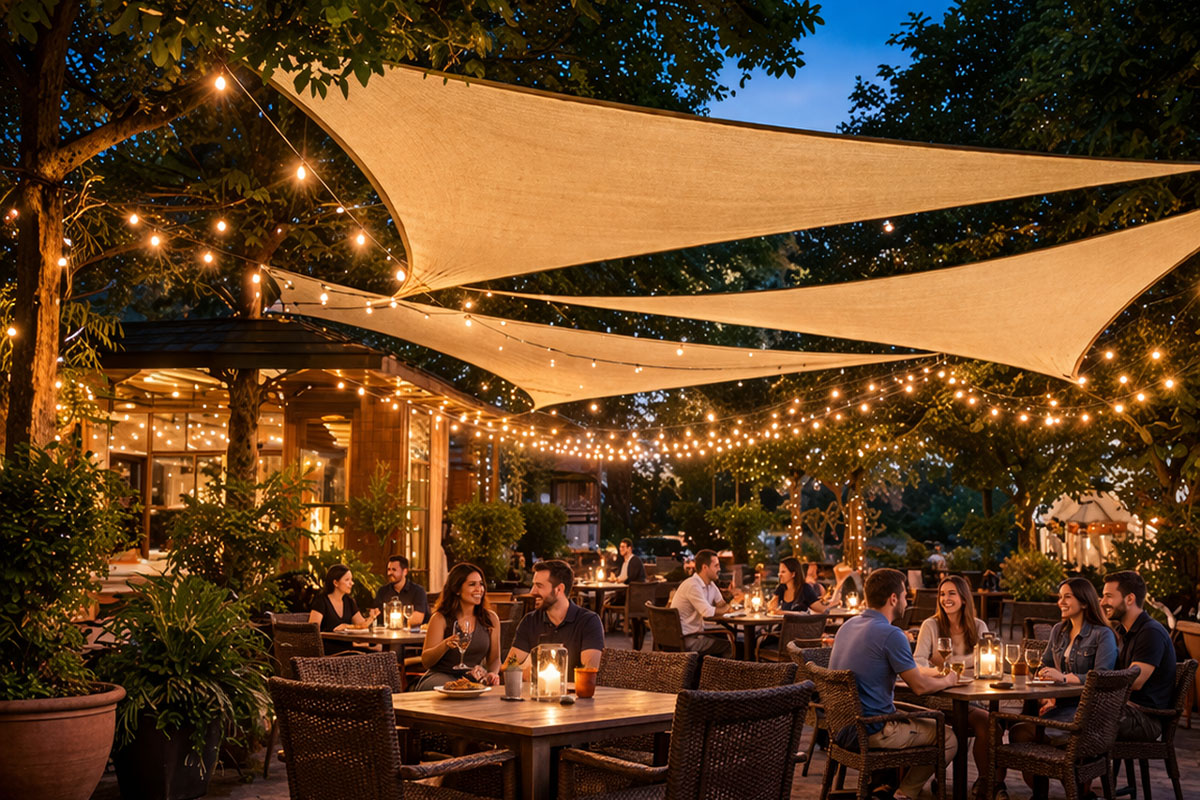 Multiple Post Super Shade structure with desert sand coloured sails over a busy outdoor restaurant patio at night.