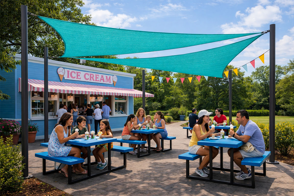 A aquamarine 4-Post Super Shade structure providing full coverage for families at blue picnic tables outside a bright blue ice cream shop.