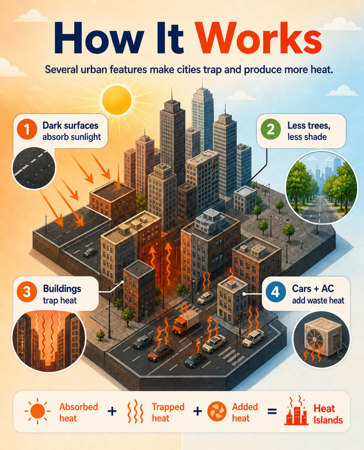 An educational infographic illustrating how urban features like dark pavement, sparse vegetation, building density, and waste heat from cars and air conditioners combine to create the urban heat island effect.