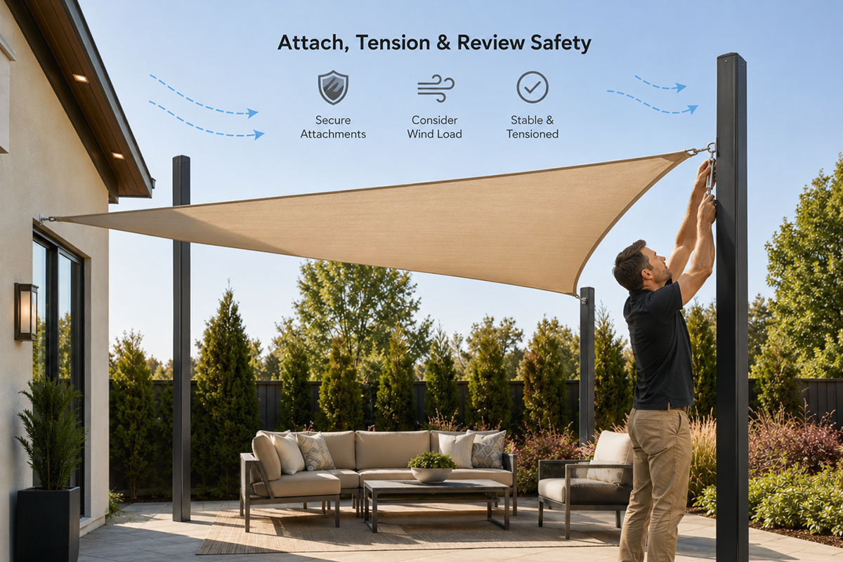 A Sun Shade Co. professional adjusting the tension of a beige sun shade sail canopy over a backyard patio with modern outdoor furniture.