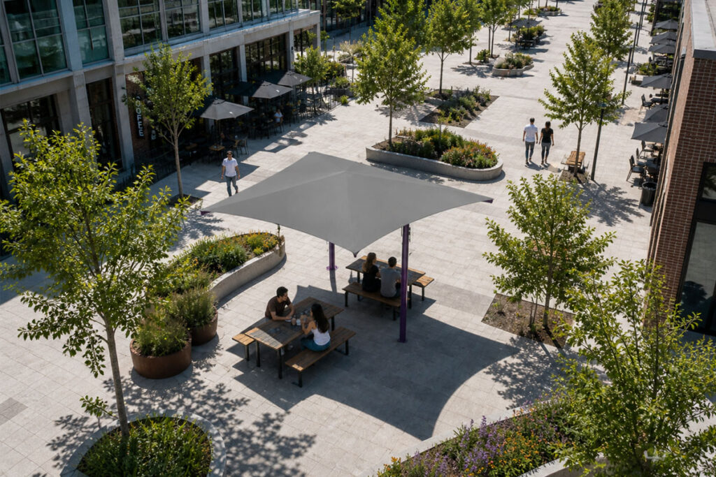 People enjoying a comfortable, shaded seating area in a paved city plaza, showing how architecturally designed shade can improve outdoor comfort in dense urban spaces.