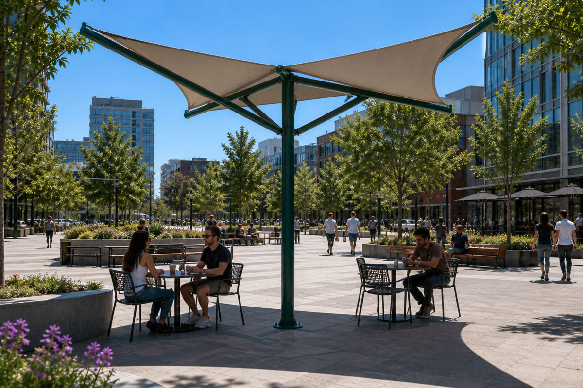 An architecturally stunning, central-post-mounting cantilevered shade structure provides a wide area of generous shade, transforming a hot urban patio into a cool and inviting space for pedestrians and diners.