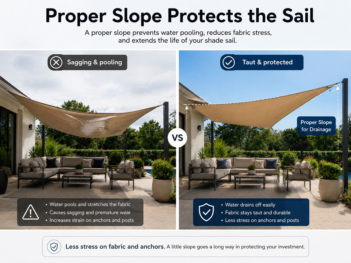 Infographic comparing sagging shade sails with properly sloped shade sails for better drainage and durability.