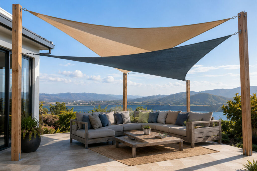 Custom residential shade sails installed with the correct slope to improve drainage and maintain fabric tension.