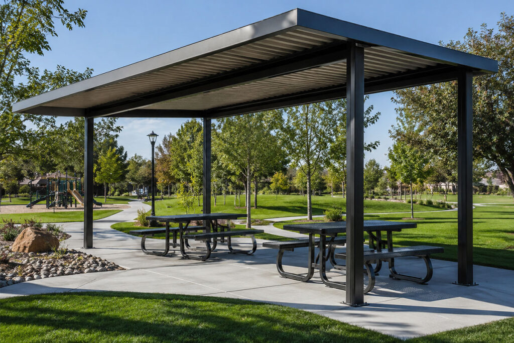 A modern black steel shade structure covering outdoor picnic tables and benches in a park setting.